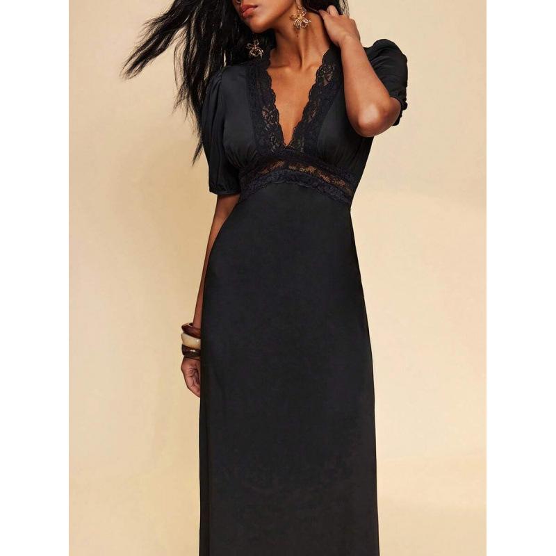 European 2026 summer new slim V-neck lace splicing solid color waist A pendulum dress women XS чёрный