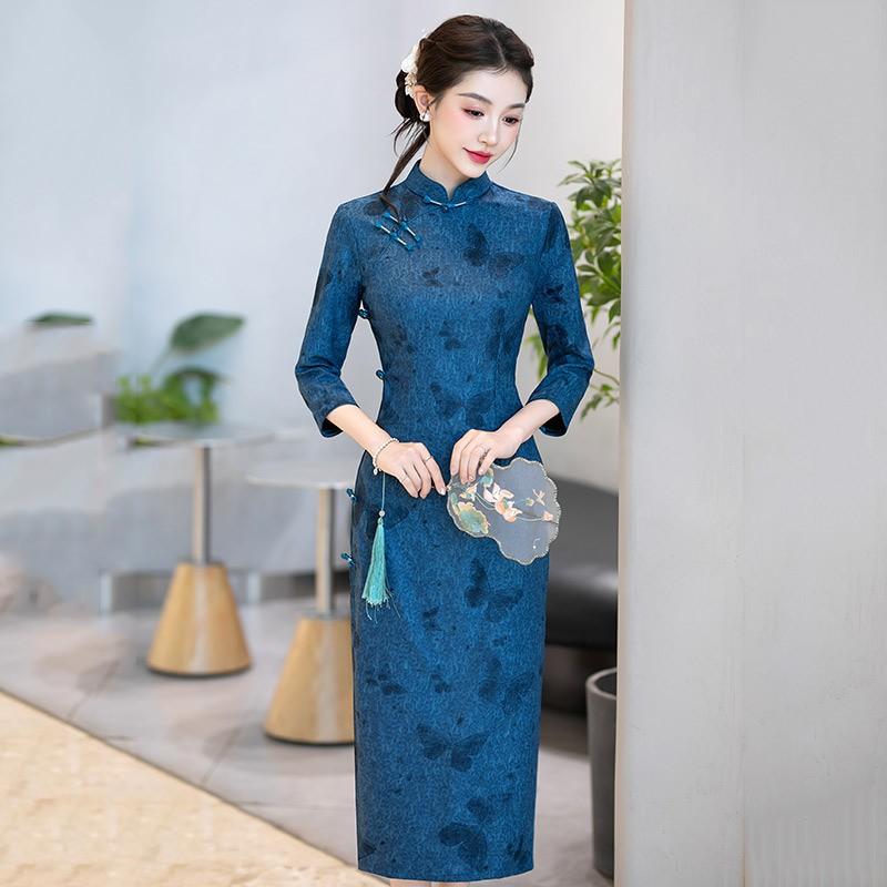 Purple Vintage-Inspired Long Sleeve Qipao Dress Women Slim Fit Wear Stand Collar Design