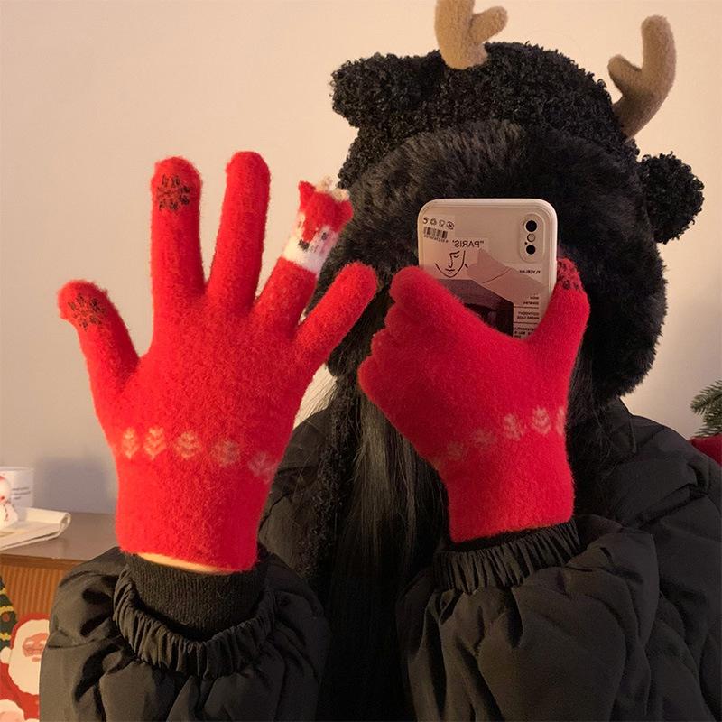 Cute Red Knitted Gloves for Women In Autumn and Winter with Velvet Fingers To Keep Warm for Students While Riding Windproof and Coldproof
