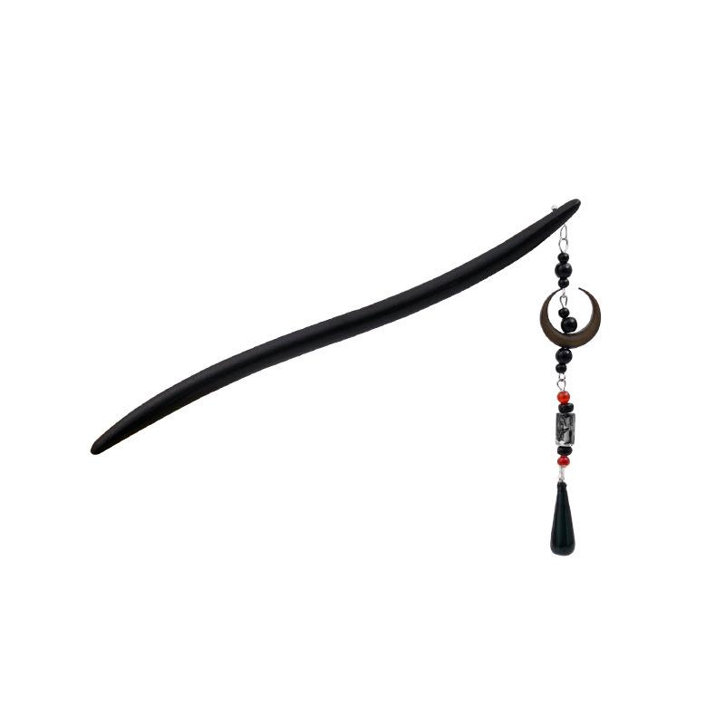 Vintage Chinese Wooden Tassel Hairpin and Crescent Bead Hanfu Earrings