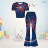 Girls Red Blue White Printed Round Neck Short Sleeve Top Flared Pants Two Piece Set