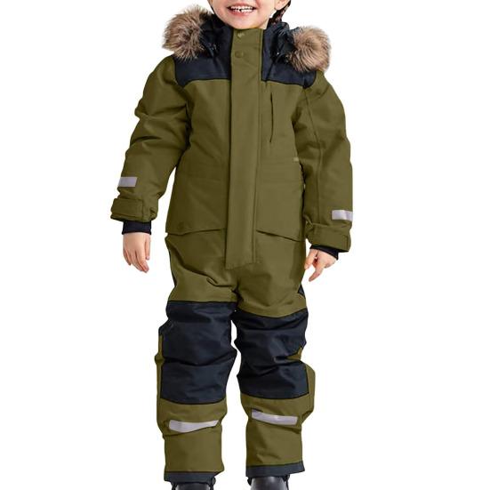 Kids One Piece Ski Suit Waterproof Windproof Snowsuit Tear-Resistant Warm Coral Fleece Lining Winter Outdoor Overalls for Boys Girls Snowboarding