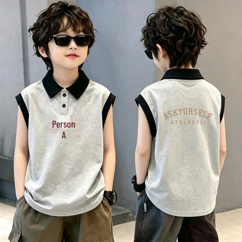 Boys' Trendy Cotton Color Block Polo Vest T-shirt with Stylish Lapel Patchwork - Sleeveless Summer Top for Medium and Large Children