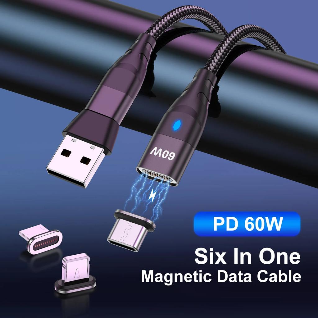 60W Magnetic Charging Cable USB C to Type C Micro Fast Charge Cord for iPhone Samsung with USB A Adapter Magnet Wire