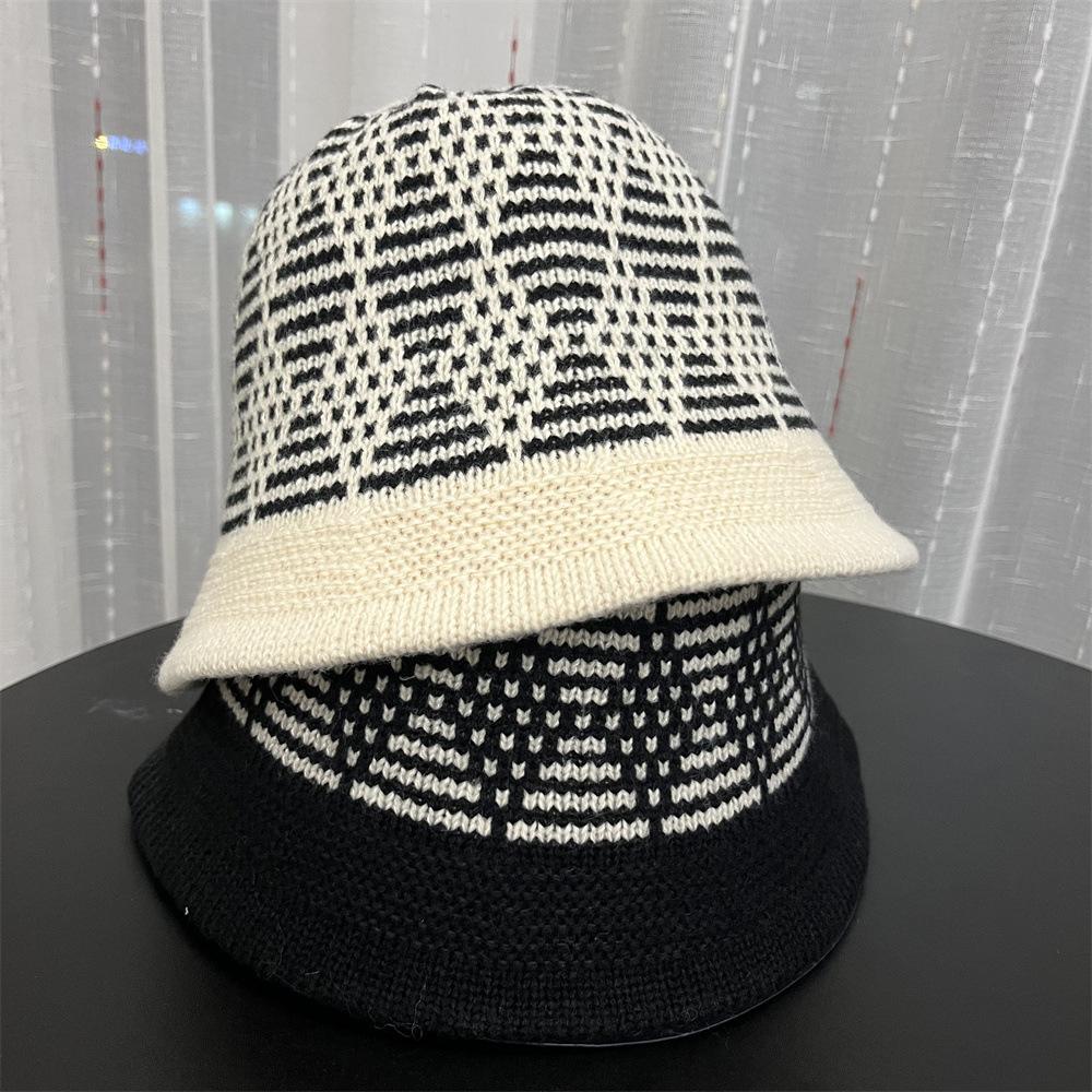 Mixed Color Jacquard Wool Knitted Bucket Hat Women's New Face Small Autumn and Winter Basin Hat Bucket Hat Tide