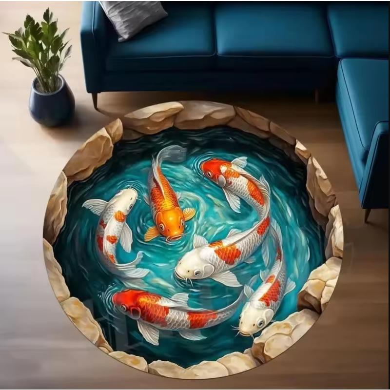 2D Printe Koi Pond Round Rug Floor Mat Door Mat Entrance Play Room Kids Room Living Room Mat for Home Decoration
