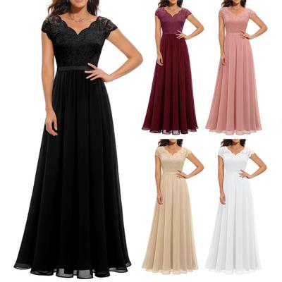 Damen Spitze V-Ausschnitt Abendkleid Lang A-Linie Chiffon Brautjungfernkleid Mutter der Braut Hochzeitsgast Maxikleid für Party Abschlussball