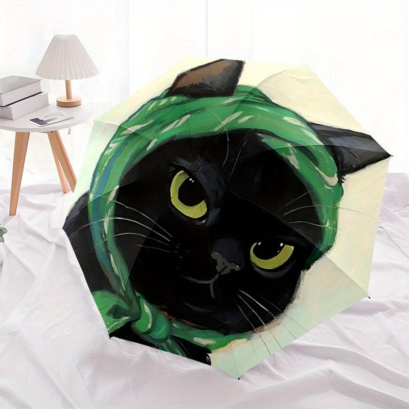 1pc Cat Green Automatic Open/close Umbrella, 8-Rib Sturdy Structure, Portable Travel Umbrella, Parties, Everyday Use, Outdoor Accessory, Art