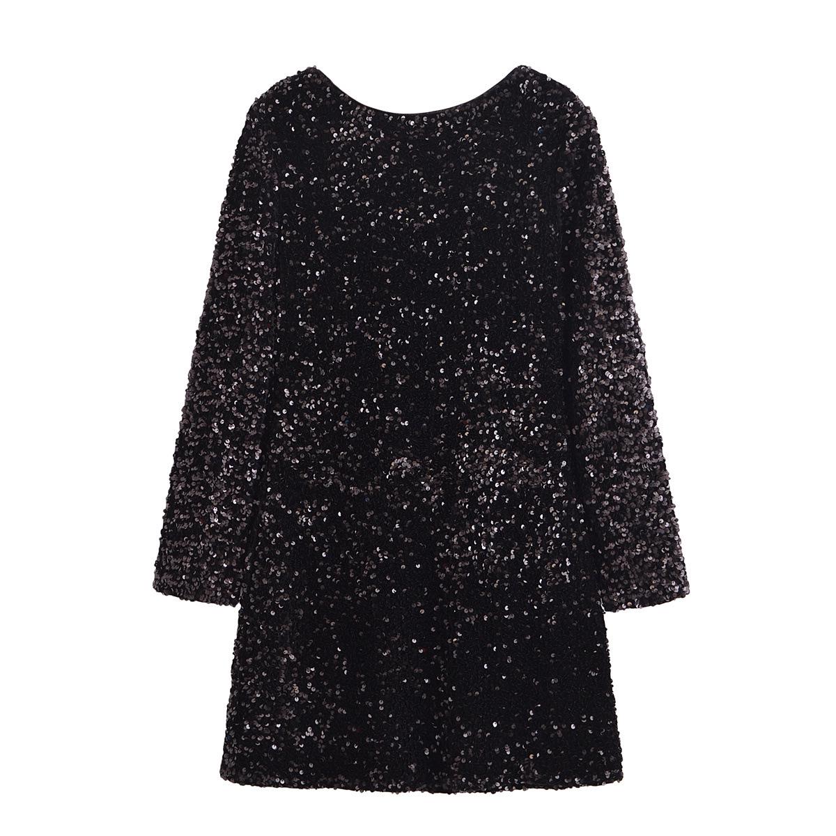 

Женская мода Зима 2024: Простое платье с длинным рукавом в европейском и американском стиле, с пайетками и открытой спиной L чёрный