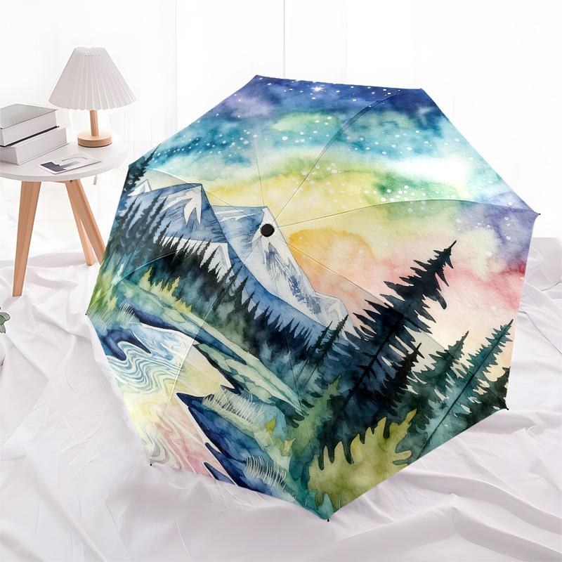 1pc mountain river Automatic Folding Umbrella, Heavy Duty 8 Rib Iron Frame, Suitable for Travel, Daily Use, Birthday, Decor Gift 11
