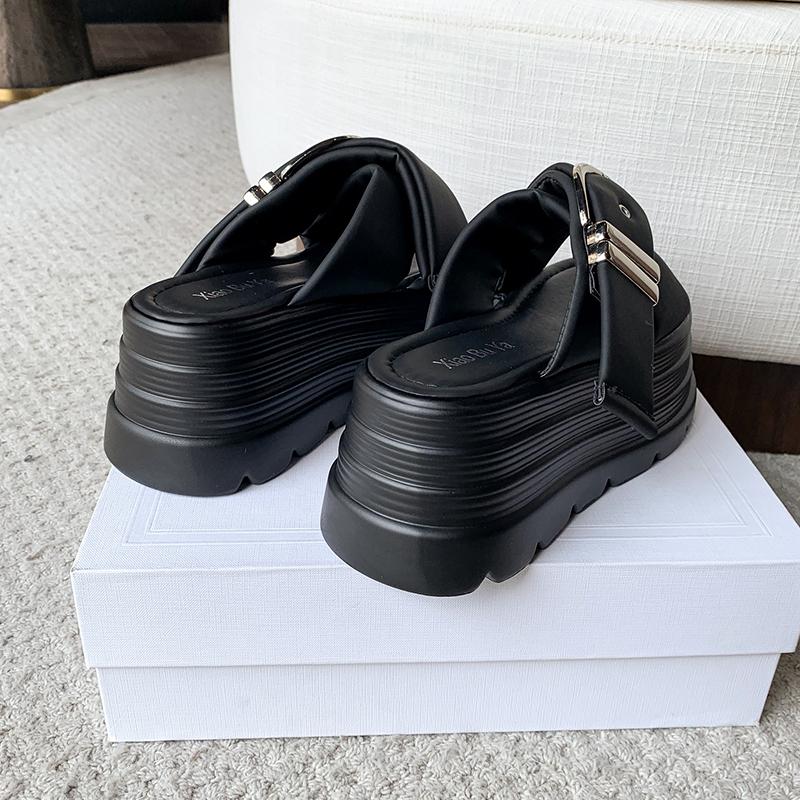Fashion NEW 8CM Heels Wedge Slides Sandals Women Casual Outdoor Slippers Female Summer Buckle Beach Slipper Walking Chunky Shoes Woman