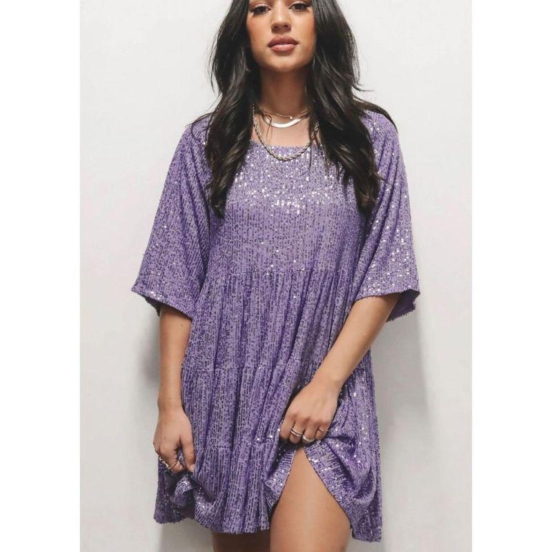 Solid Color Fashion round Neck Loose Waist Short Sleeve Cake Sequin