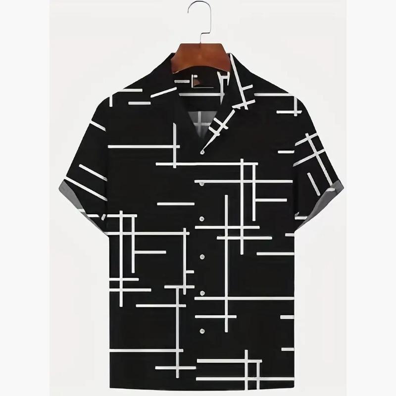 Herrsvart Abstrakt Linjetryck Kubansk Krage Kortärmad Sommar
