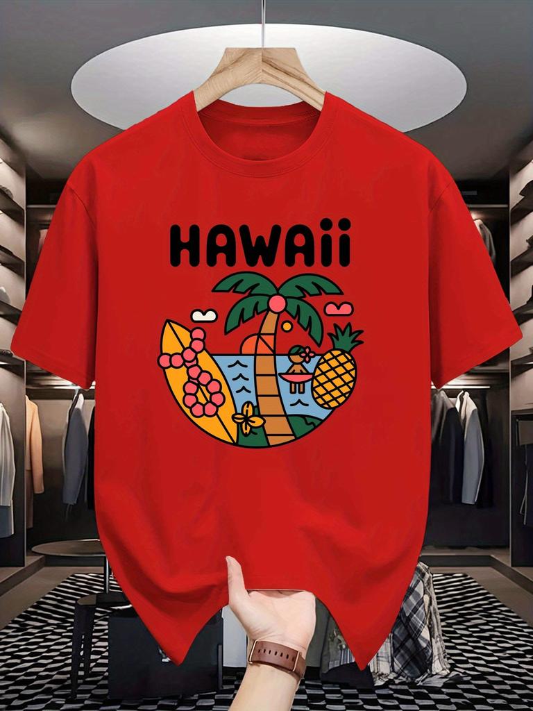 Unisex Crew Neck Tee Hawaii Tropical Beach Scenery Graphic Print Soft Cotton Loose Short Sleeve Summer Casual Male Streetwear Tops