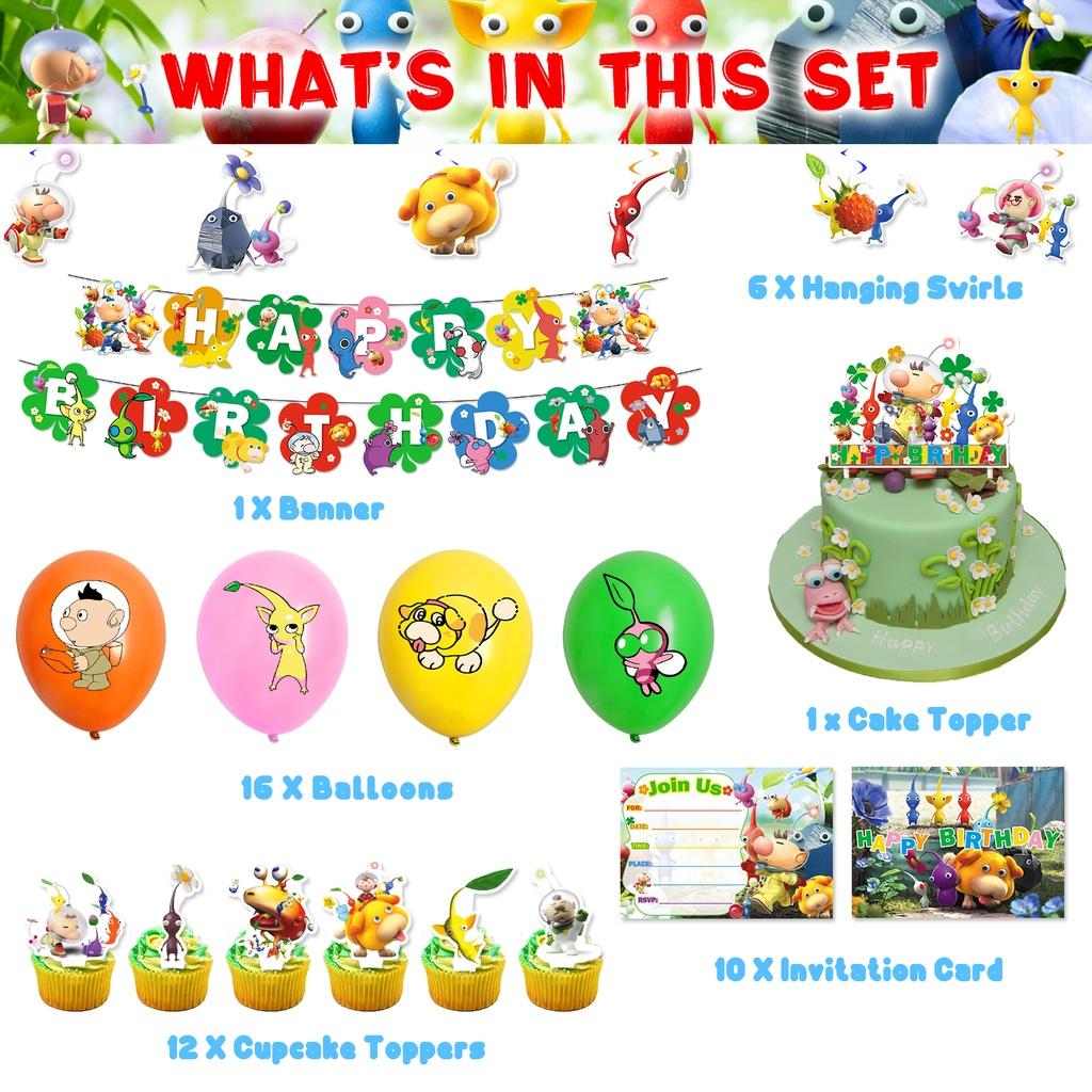 Pikmin-4 Geburtstagsparty-Dekorationsset: Papiergirlande, Luftballons, Tortenaufsatz, Cupcake-Aufsatz und mehr!