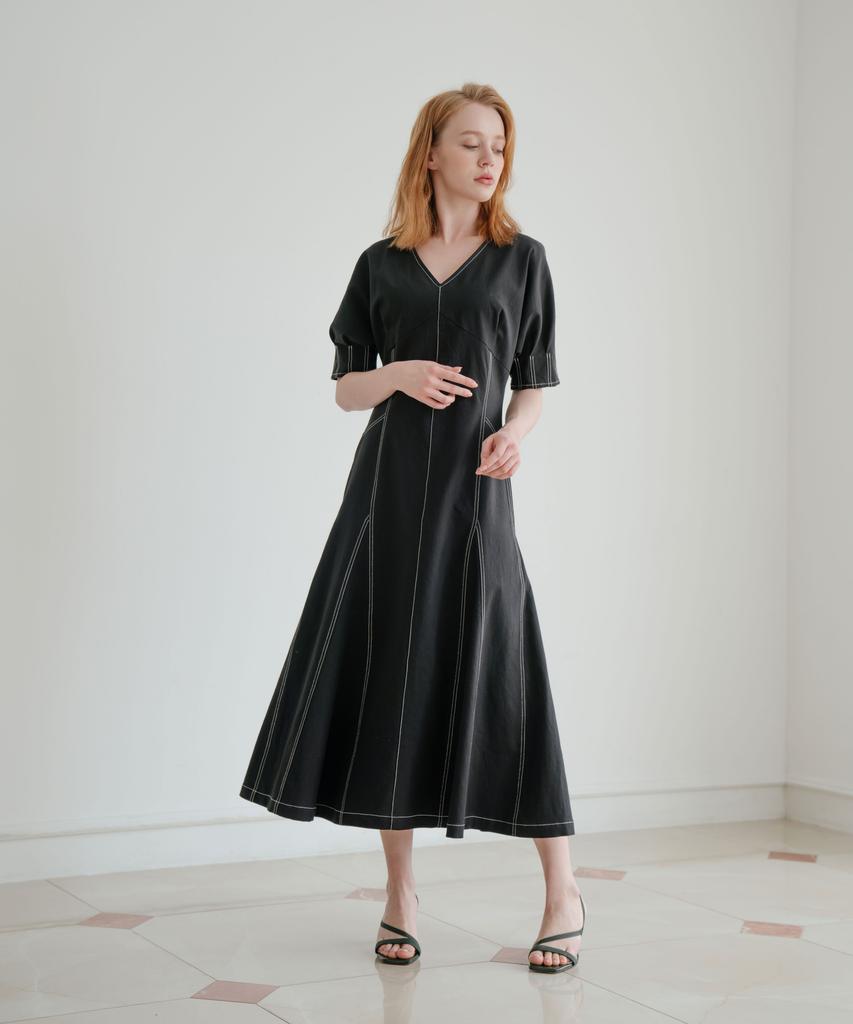 Bellua Stitched Linen Dress _ Black