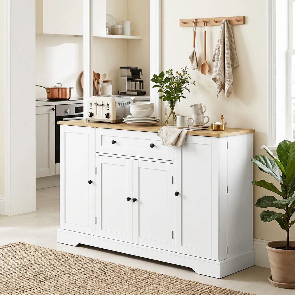 Sideboard Kitchen Cabinet with 4 Doors, Drawer, Adjustable Shelf, Door Shelves for Kitchen, Dining Room, 138x40x85cm, White