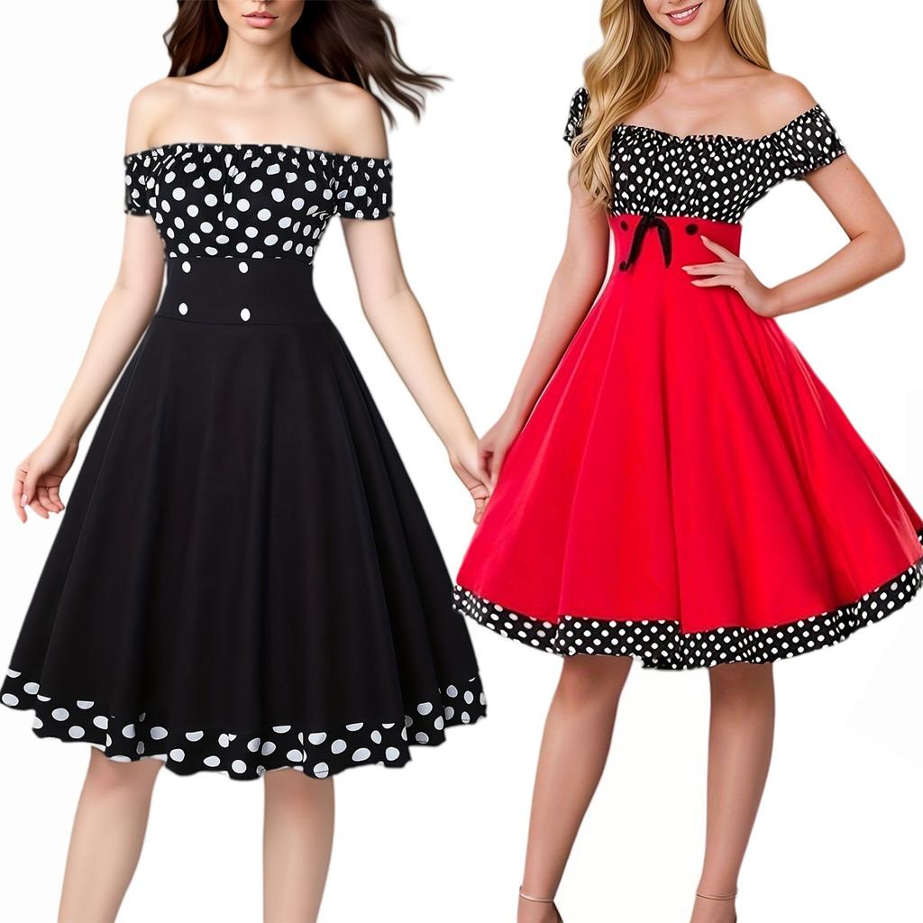 Vintage Polka Dot Halter Neck Dress With Puffed Sleeves For Date Night And Party Wear