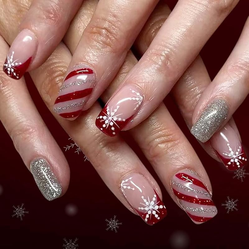Christmas Press on Nails Medium Square Fake Nails Xmas Nails Press ons with Winterberry,Candy Cane,Snowflake,Santa Hat Design Reusable Artificial Snowflake,Candy Stripe