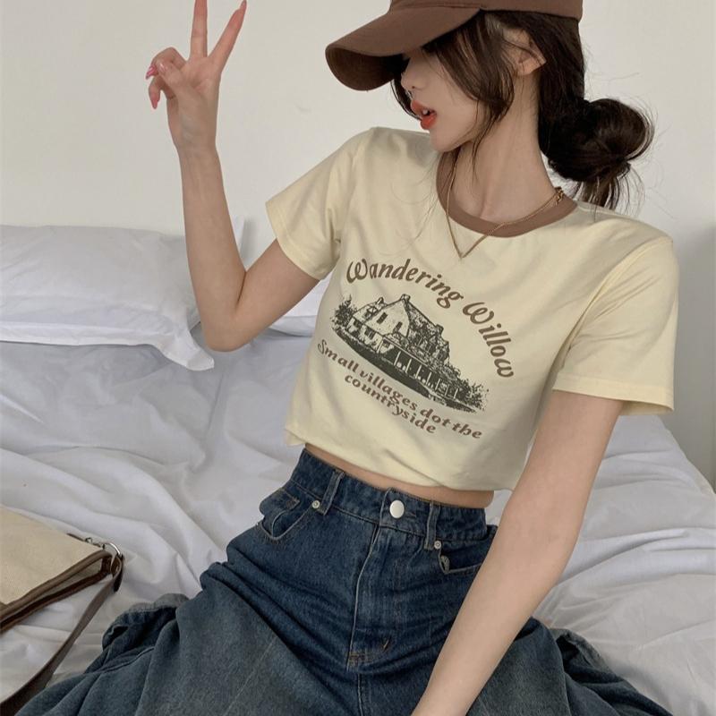 Summer Casual Slim T Shirt Women's Streetwear Harajuku Vintage Graphic Print Short Sleeve T-shirts for Women Y2k Crop Tops Clothes