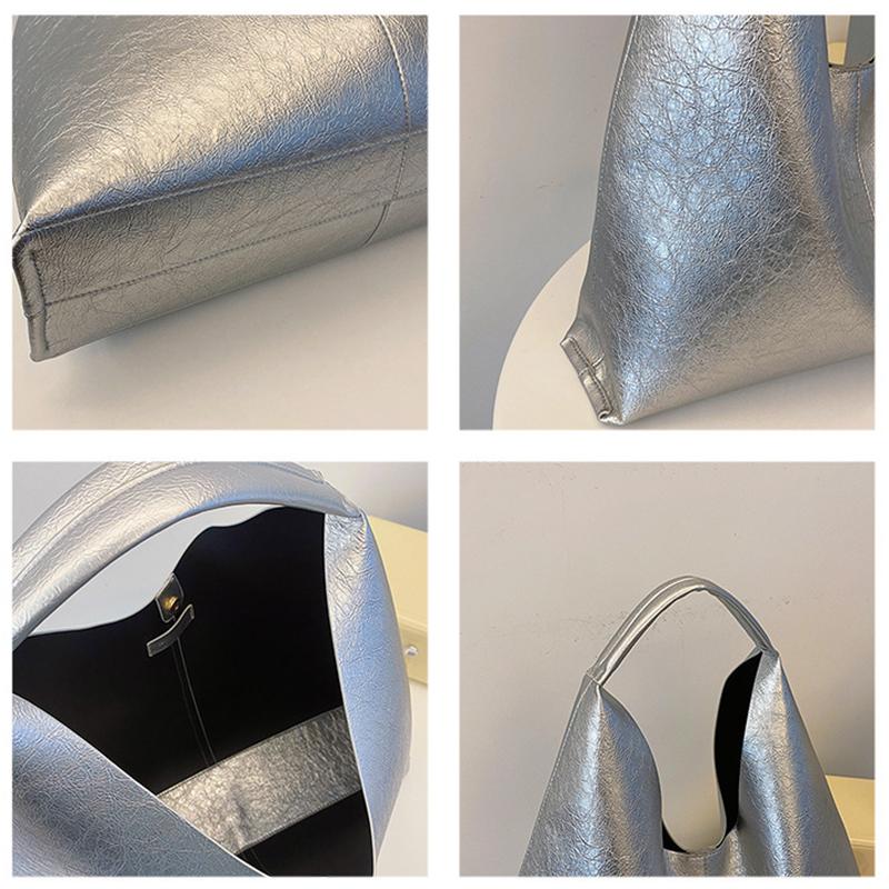 Large Capacity Silver Brand Hobo Bag for Women Luxury Designer PU Leather Trigle Purse Trend Casual Shopper Handbag