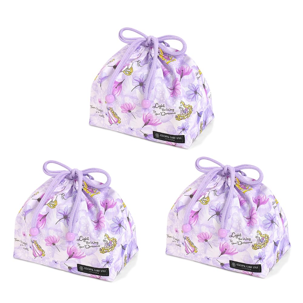 COLORFUL CANDY STYLE Disney Rapunzel Princess Drawstring Lunch Bags with Name Tags, Set of 3, Stylish Kids' Lunch Bags with Gussets, Perfect for