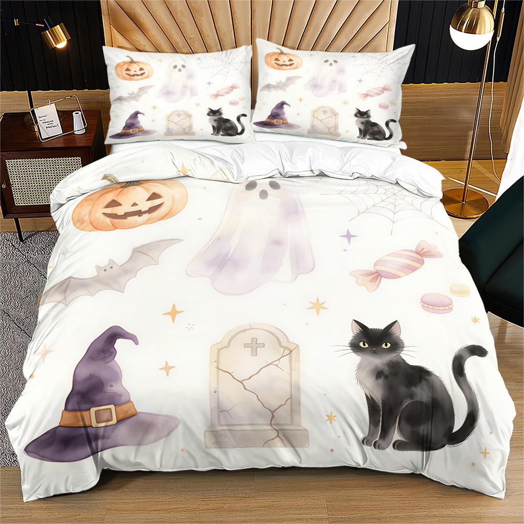 Cute Halloween Duvet Cover Set Cartoon Ghost Black Cat Pumpkin Tombstone Print Bedding Set Fashion Quilt Cover Set Bedroom Decor