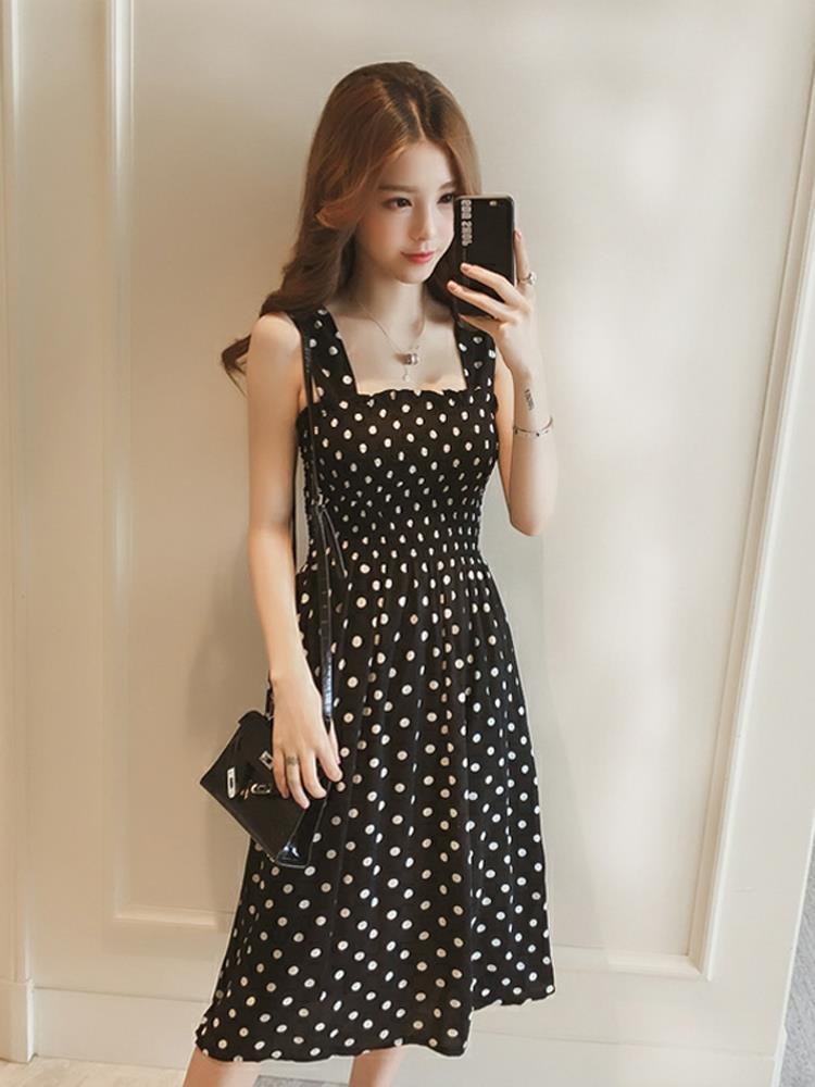 Sundress women's mid-length polka dot one-shoulder red inner dress summer fairy slimming suspender base skirt