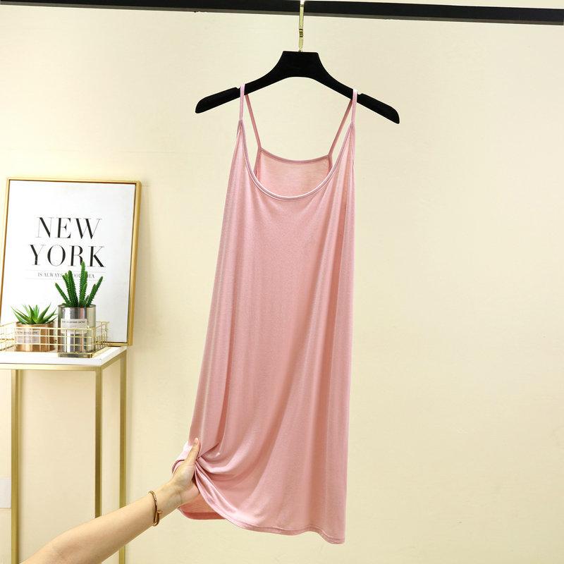 

Платье из модала на тонких бретельках Летнее сексуальное платье-майка без рукавов, однотонное, повседневное, платья-камизолы, мягкая пижама средней длины, базовое платье-комбинация L розовый
