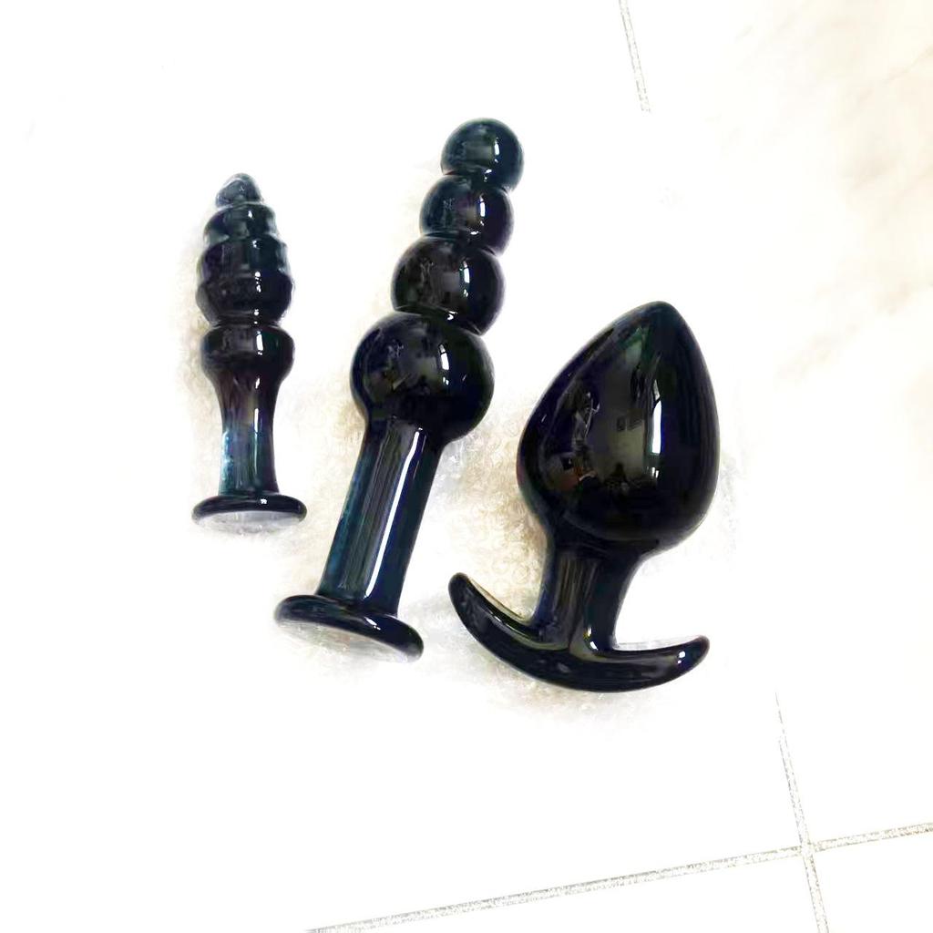 VaHppy Black Glass Anal Plugs 3pcs 3.4/4.9/6.5cm SM BDSM Adult Products Gay Anal Masturbation Expansion Sex Toys Pulling Beads