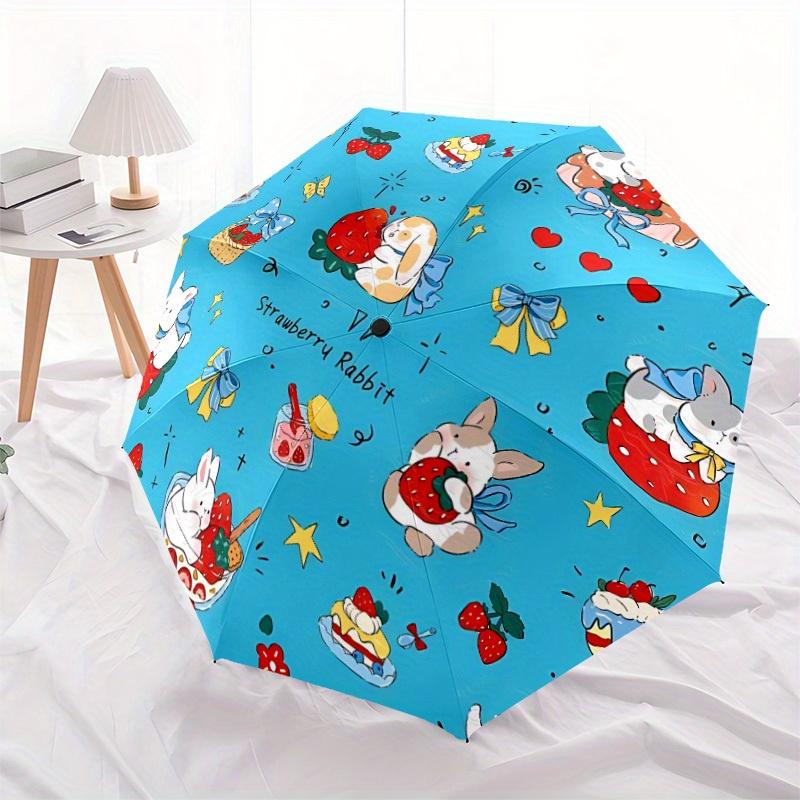 1pc Strawberry Rabbit Auto Open/close Leisure Umbrella, 8-Rib Sturdy Structure, Portable Travel Umbrella, Parties, Everyday Use, Outdoor Acc