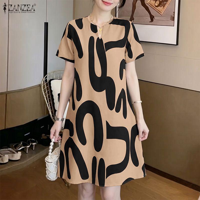 ZANZEA Women Casual V-Neck Summer Short Sleeve Print Dress