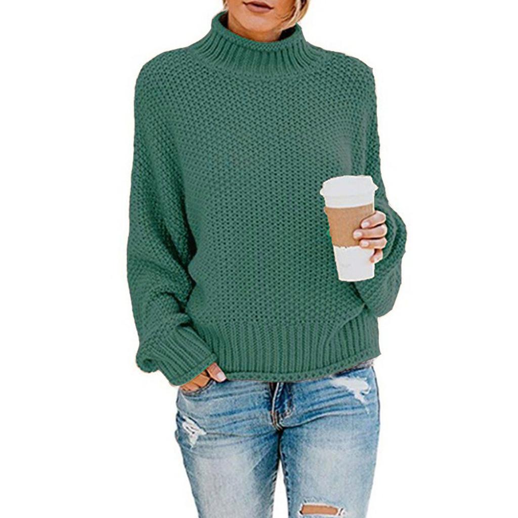 Women's High Neck Solid Color Sweater Casual Stripe Pullover Long Sleeve Sweater