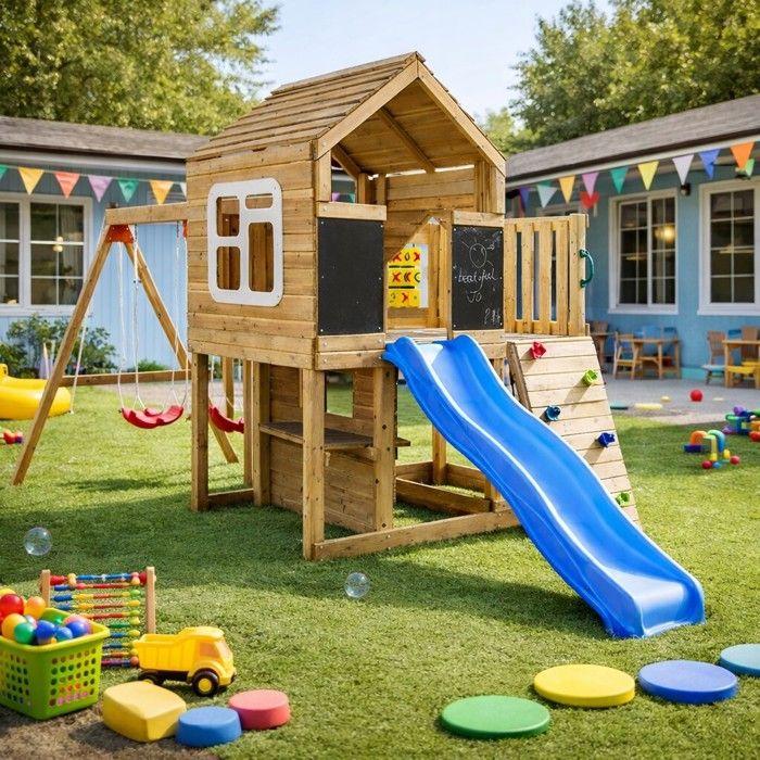 Aire de jeux enfant - GINGER HOME - Toboggan - 2 balançoires - Bac à sable intégré