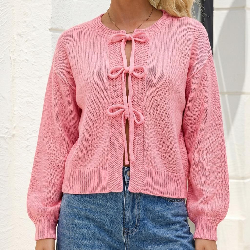 2026 solid color autumn and winter European and American style lace-up bow jacket sweater women's round neck commuting cross-border knitted cardigan