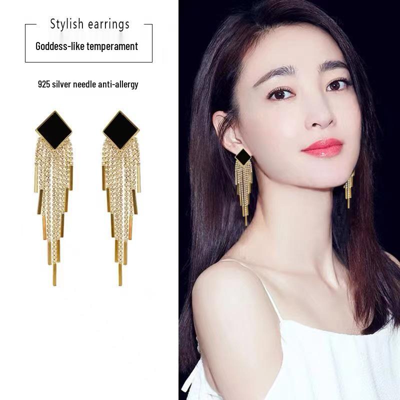 Exaggerated Square Long Tassel Earrings with 925 Silver Needle - Fashionable Luxury Statement for Socialites