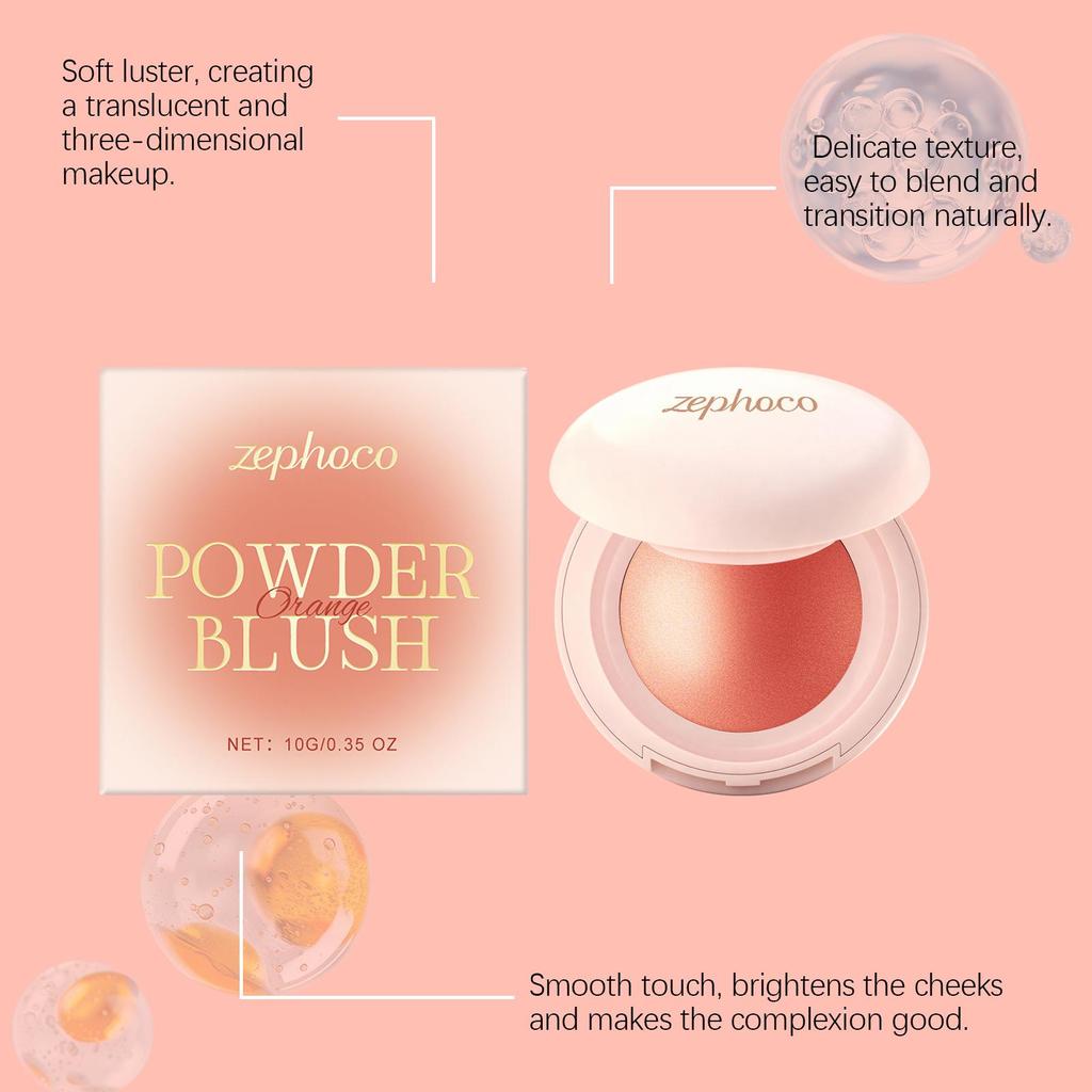 Zephoco Orange Silky Moisturizing Blush - Portable, Fine Powder with Excellent Color Payoff for Daily Use