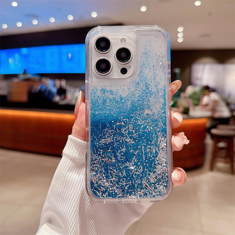 Blue Dynamic Sand Bright Quicksand for iPhone 16 15 14 Case Cover 16 Pro Max Carcasa Women Glitter Phone Shell Hard Coque Fundas