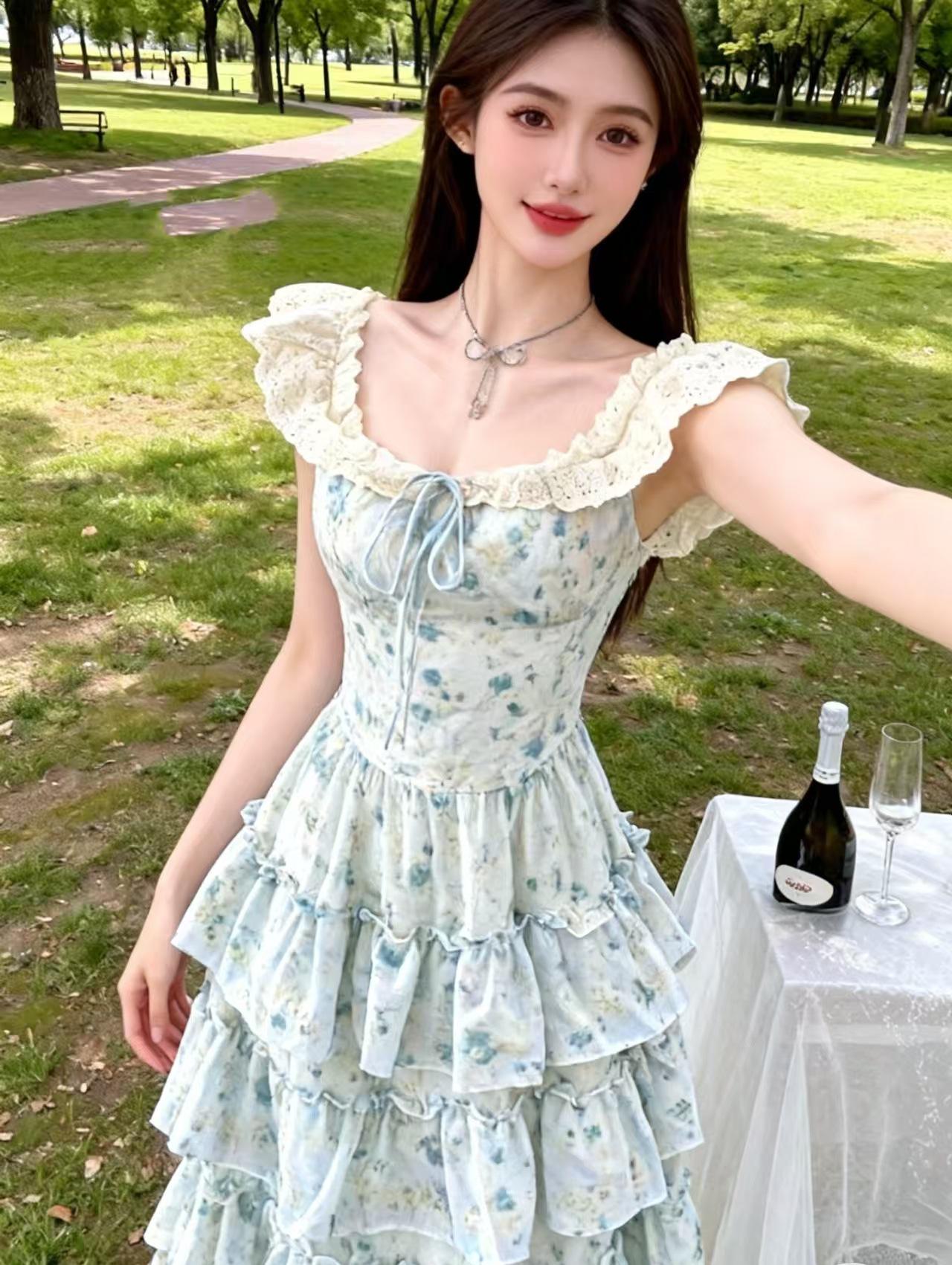 2026 Spring Dali Resort Lace Flutter Sleeve Seaside Dress 2XL синий
