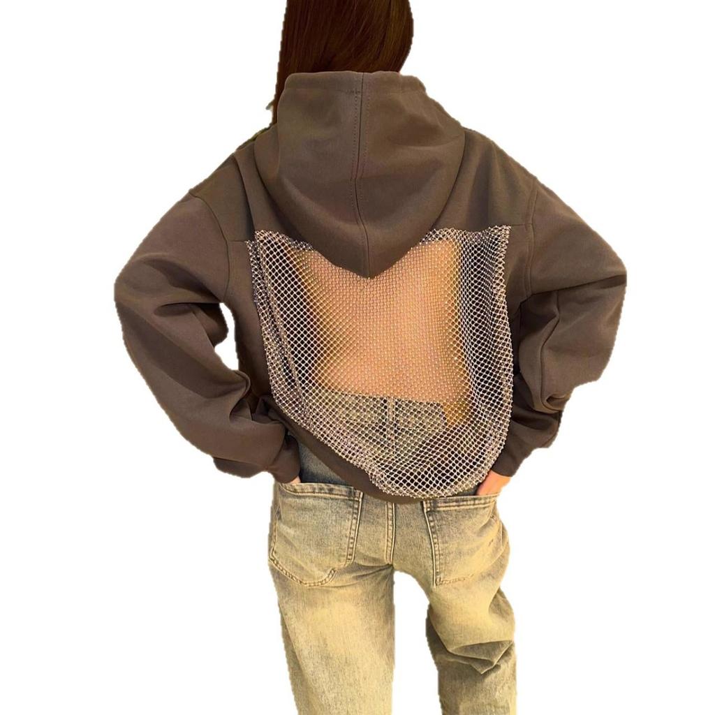 Autumn and Winter New Women's Fashion Solid Color Backless Hollow Mesh Hooded Sweatshirt Sweatshirt