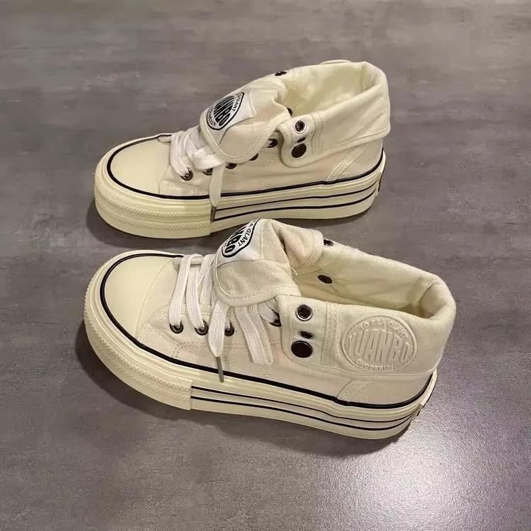 Moda Novo Feminino Cano Alto Lona Tênis de Skate Exterior Flangeado Tênis Duplo Propósito Botas Curtas Sola Grossa Altura Aumentada Cadarço