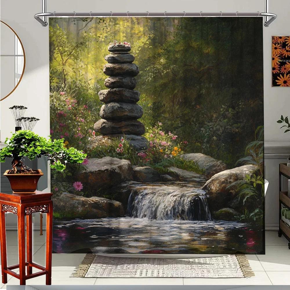 

1pc Elegant Floral Shower Curtain with Serene Waterfall & Stone Staircase Design, Luxurious Polyester Fabric Bathroom Decor, W90xH180cm