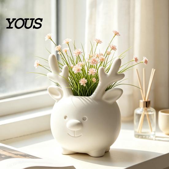 Ceramic Style Vase 3D Printed Reindeer Succulents Planter Pot for Indoor Plants, Decorative Desktop Office Desk Accessory Organizer, Christmas