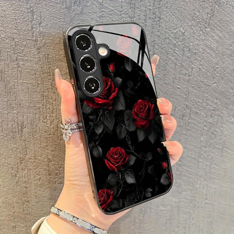 Dark Night Red Rose Pattern Black Glass Phone Case for Samsung Galaxy S26 S25 S24 S23 S22 S21 S20 fe/plus/ultra Hard Case Galaxy S21 5G чёрный