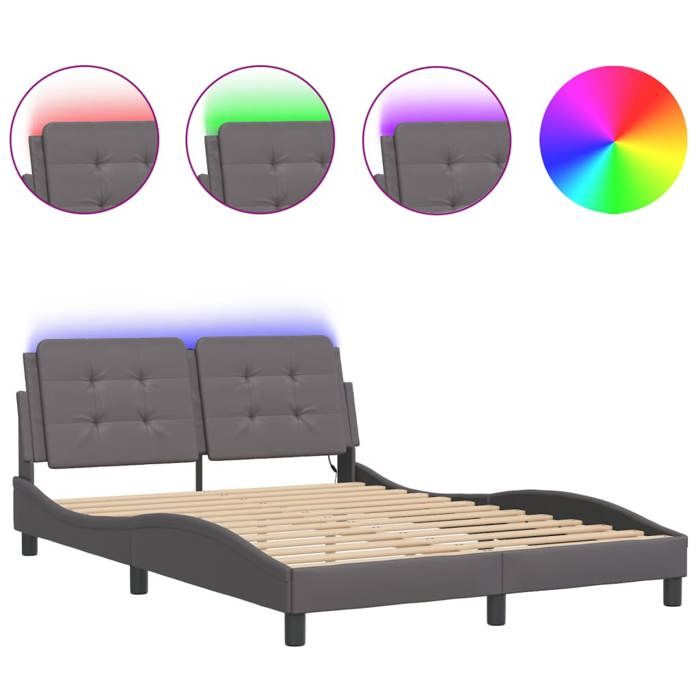 VidaXL Cadre de lit avec lumières LED gris 140x200 cm similicuir, lit, sommier, lit en similicuir, meuble de chambre à 3214113