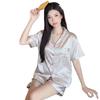 Sweet And Cool Girl Style Summer Ice Silk Pajamas Short-Sleeved Shorts Jacquard Cat Lapel Loungewear Set