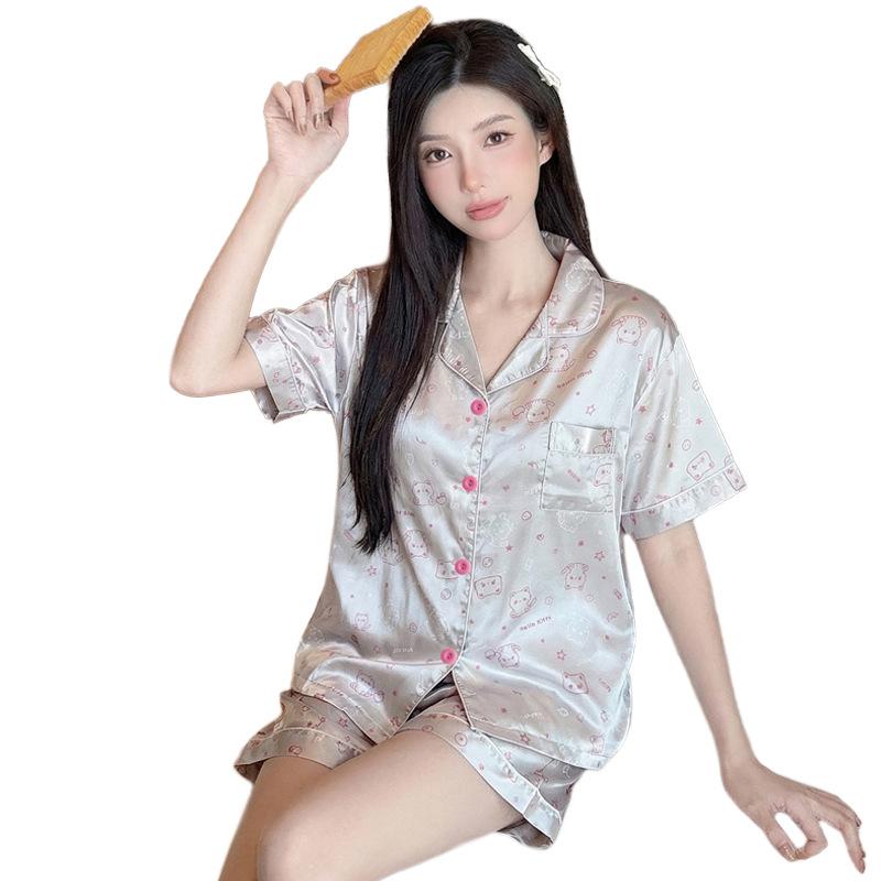 Sweet And Cool Girl Style Summer Ice Silk Pajamas Short-Sleeved Shorts Jacquard Cat Lapel Loungewear Set