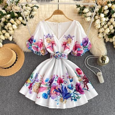 Elegantné šaty s potlačou Vinrtage s potlačou pre ženy Letné Nové šaty s tenkým pásom a výstrihom do V Ženské šaty s naberaným rukávom Y2k