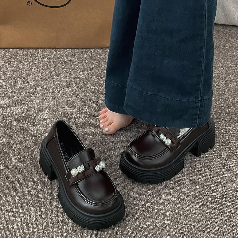 Black British style platform thick high-heeled small leather shoes women's 2025 new autumn retro versatile heightened loafers shoes