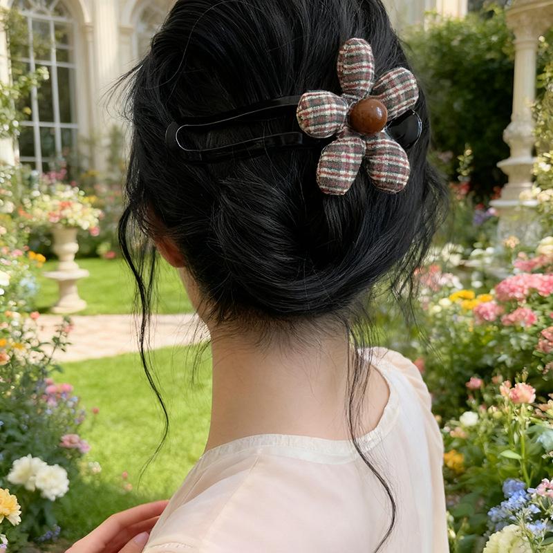 Korean Style Plaid Floral Duckbill Hair Clip – Large Size High-End Half-Up Hair Accessory